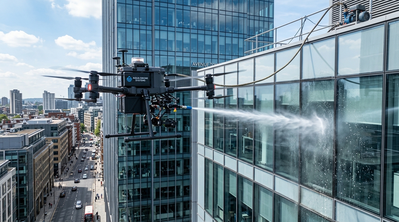 Drone operando em edifício de vidro