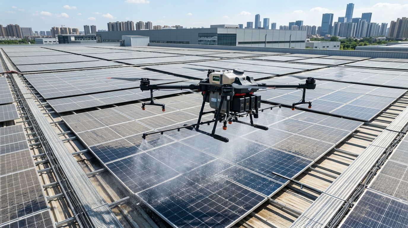Drone limpando painéis solares em telhado comercial